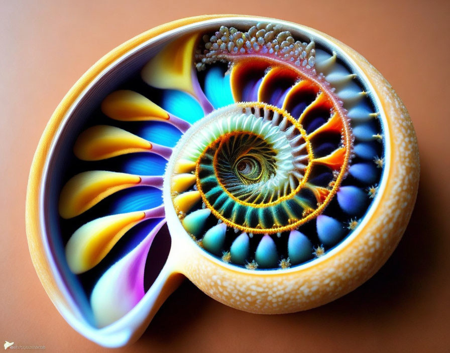 Colorful Nautilus Shell Artwork with Fractal Patterns on Warm Surface