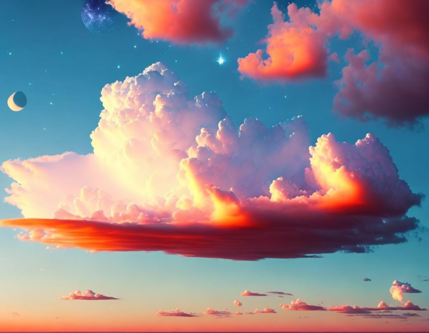 Colorful surreal sky with orange and pink clouds, distant planet, and stars.