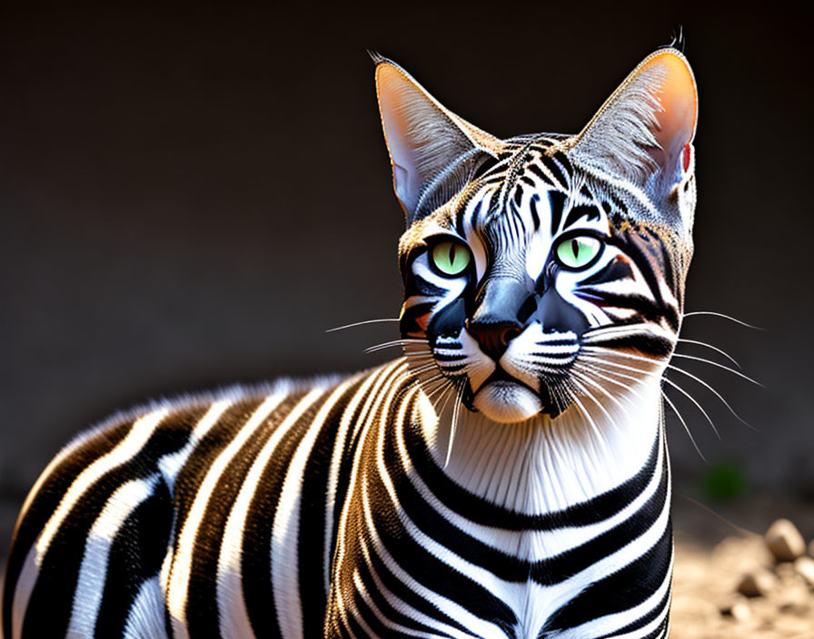 Digitally altered cat with zebra-like stripes on dark background