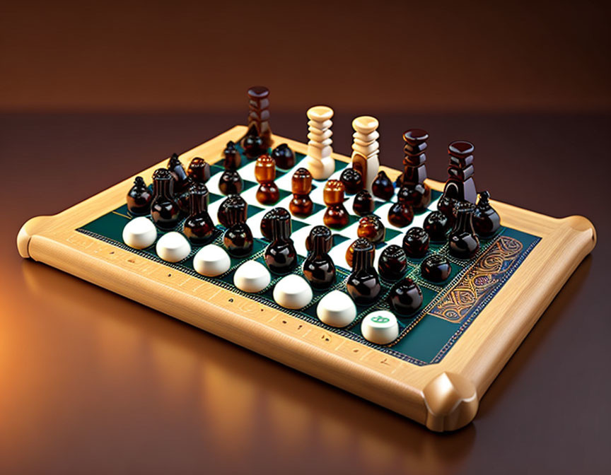 3D Chess Board with Three Sets of Pieces and Soft Glow