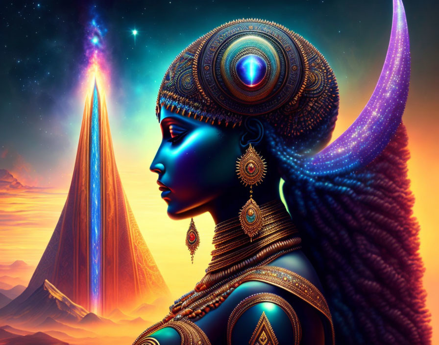 Blue-skinned woman with gold headdress in mystical setting