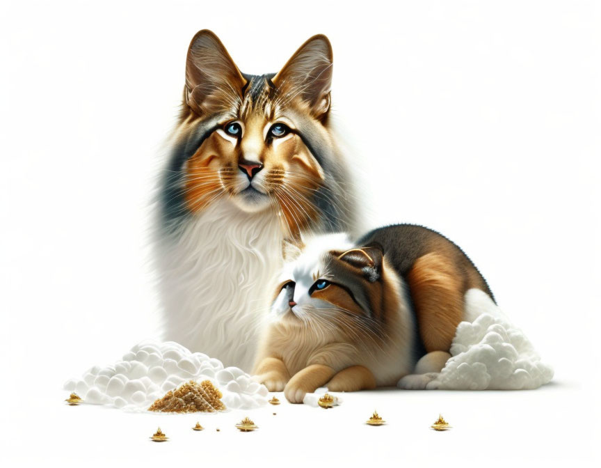 Regal Cats with Vibrant Fur and Distinct Markings on White Background