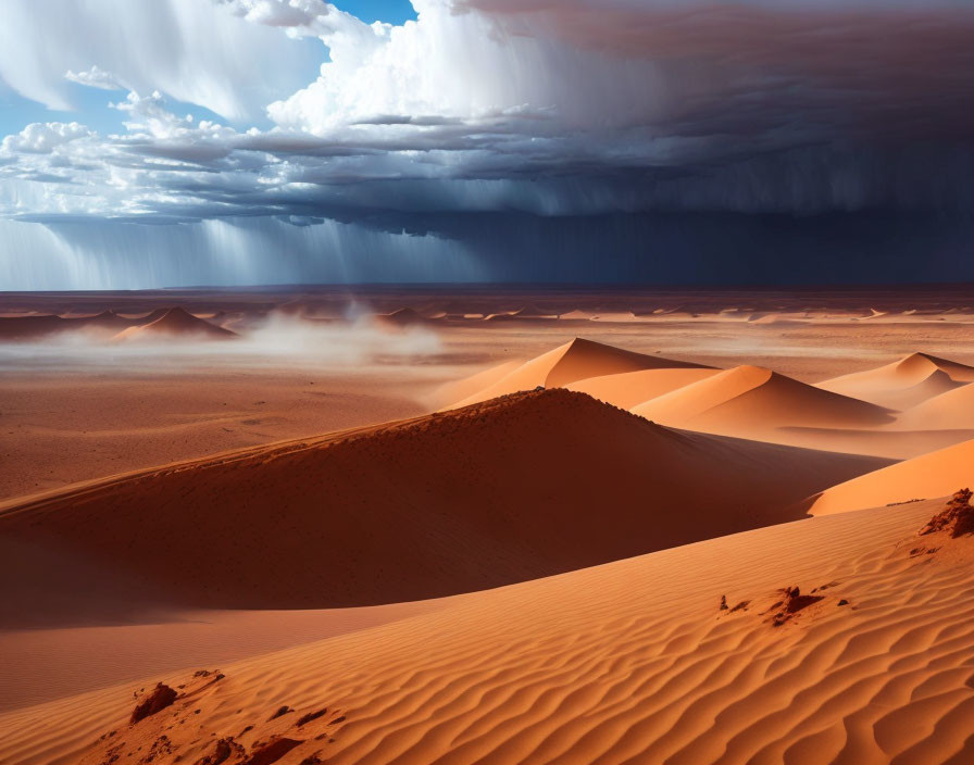 Vibrant orange sand dunes under stormy desert sky