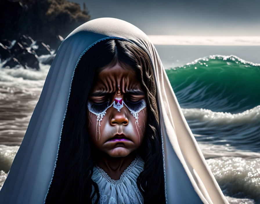 Young girl with ornate face paint and white veil in moody seascape.