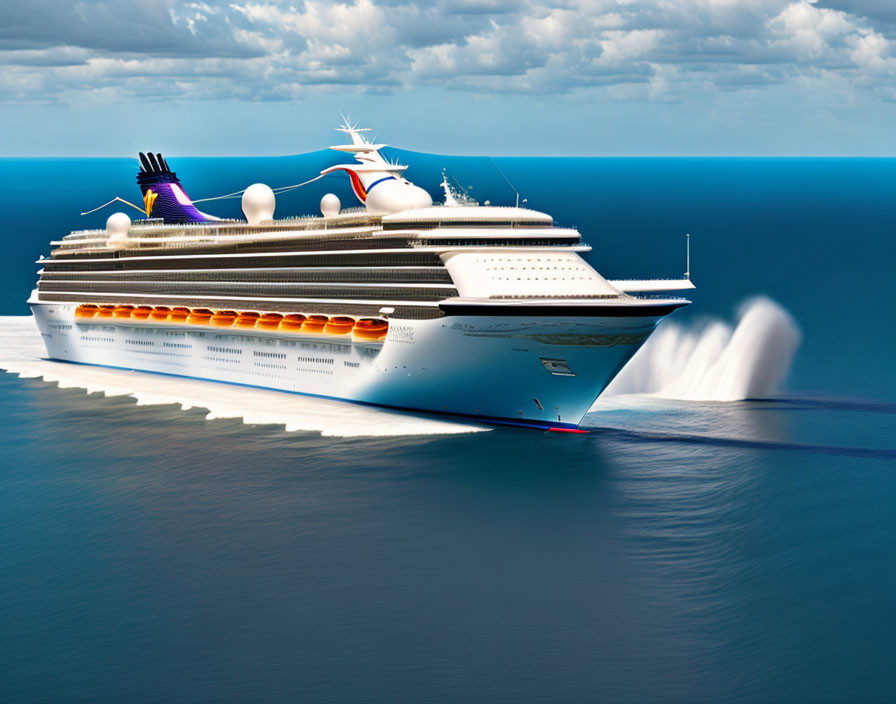 Modern cruise ship sailing on calm sea under partly cloudy sky