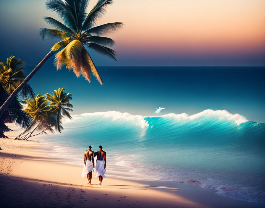 Beach sunset scene with two people, palm trees, and large wave under gradient sky