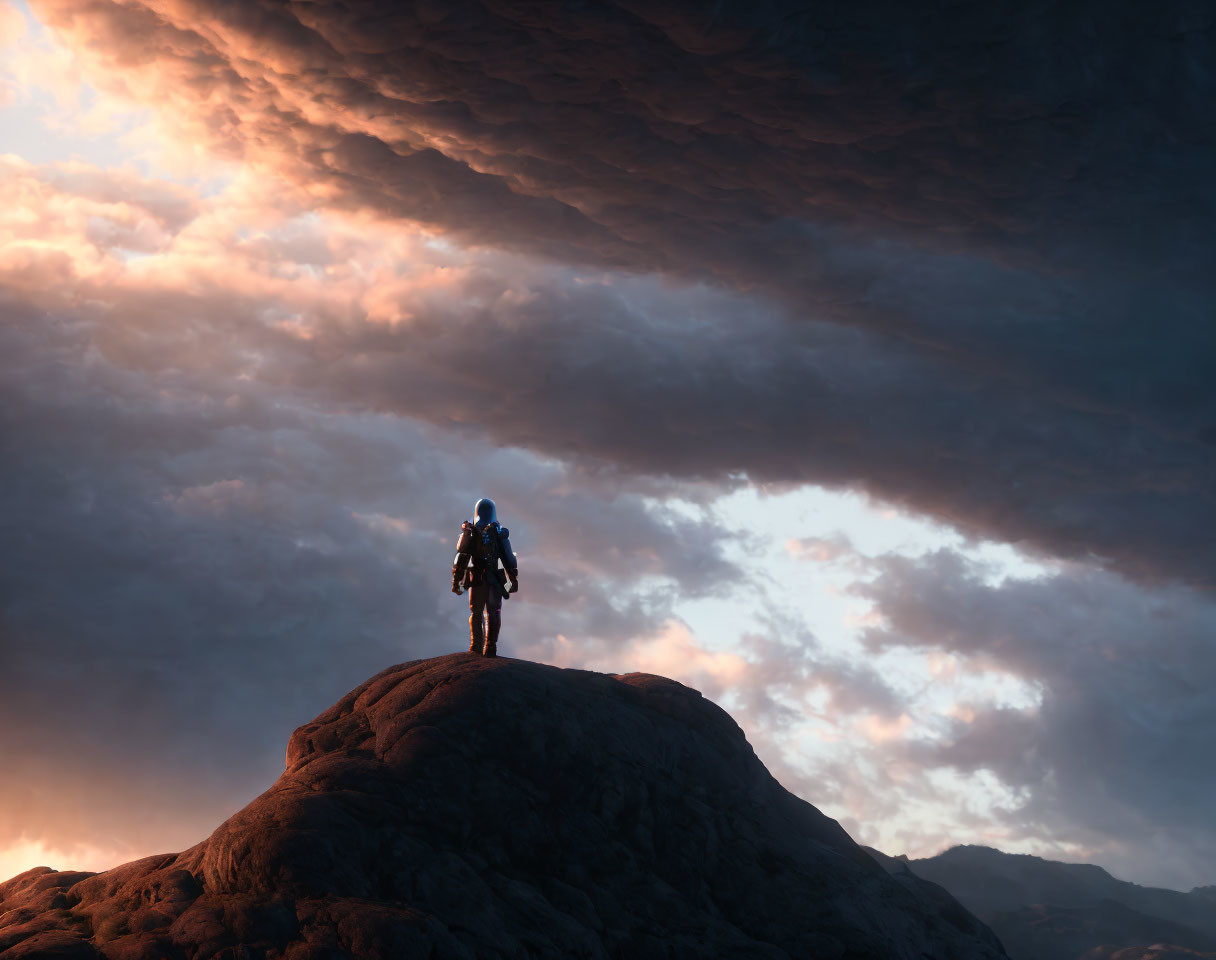 Astronaut on rocky peak under dramatic sunset clouds