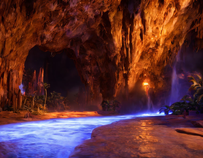 Luminous Blue River in Illuminated Cave with Stalactites