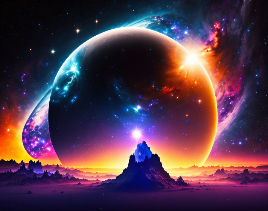 Colorful nebula and planets in vibrant space scene with jagged mountains.