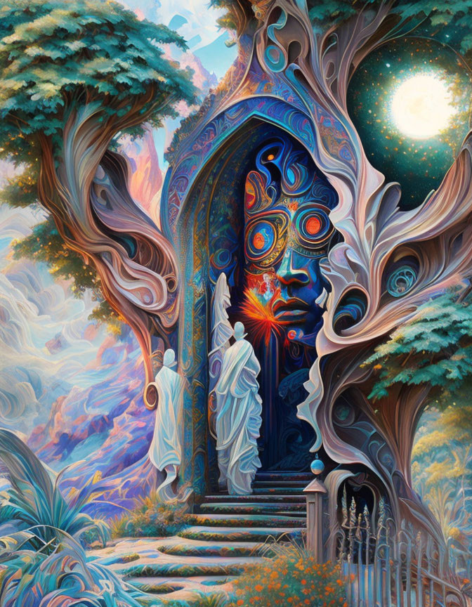 Vibrant fantasy art: mystical tree doorway with celestial face, lush foliage, and figure on steps