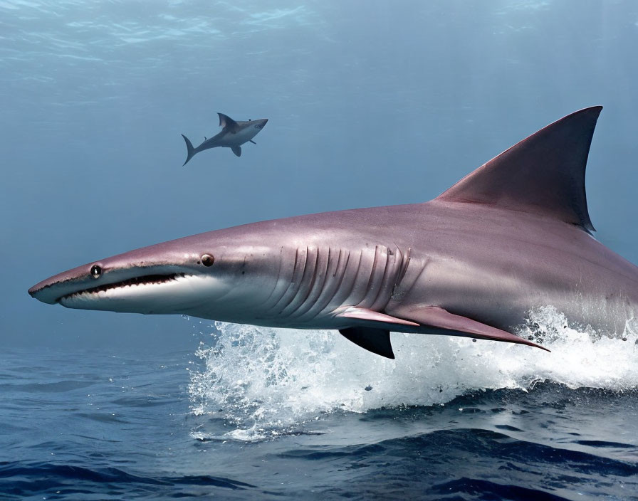 Two sharks leaping from ocean in serene blue seascape