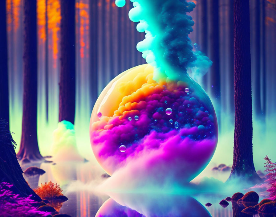 Colorful surreal forest scene with glowing orb and misty hues