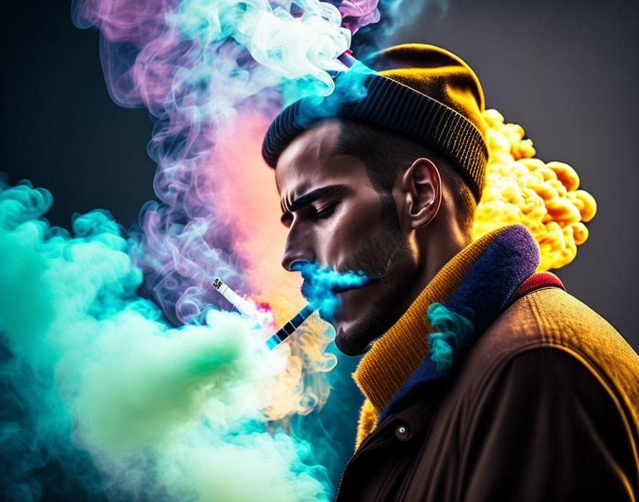 Bearded man in beanie exhales blue and purple smoke on dark background