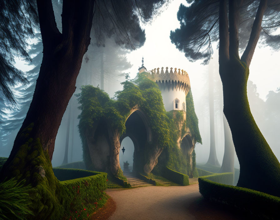 Mystical castle tower in foggy forest with arching pathway