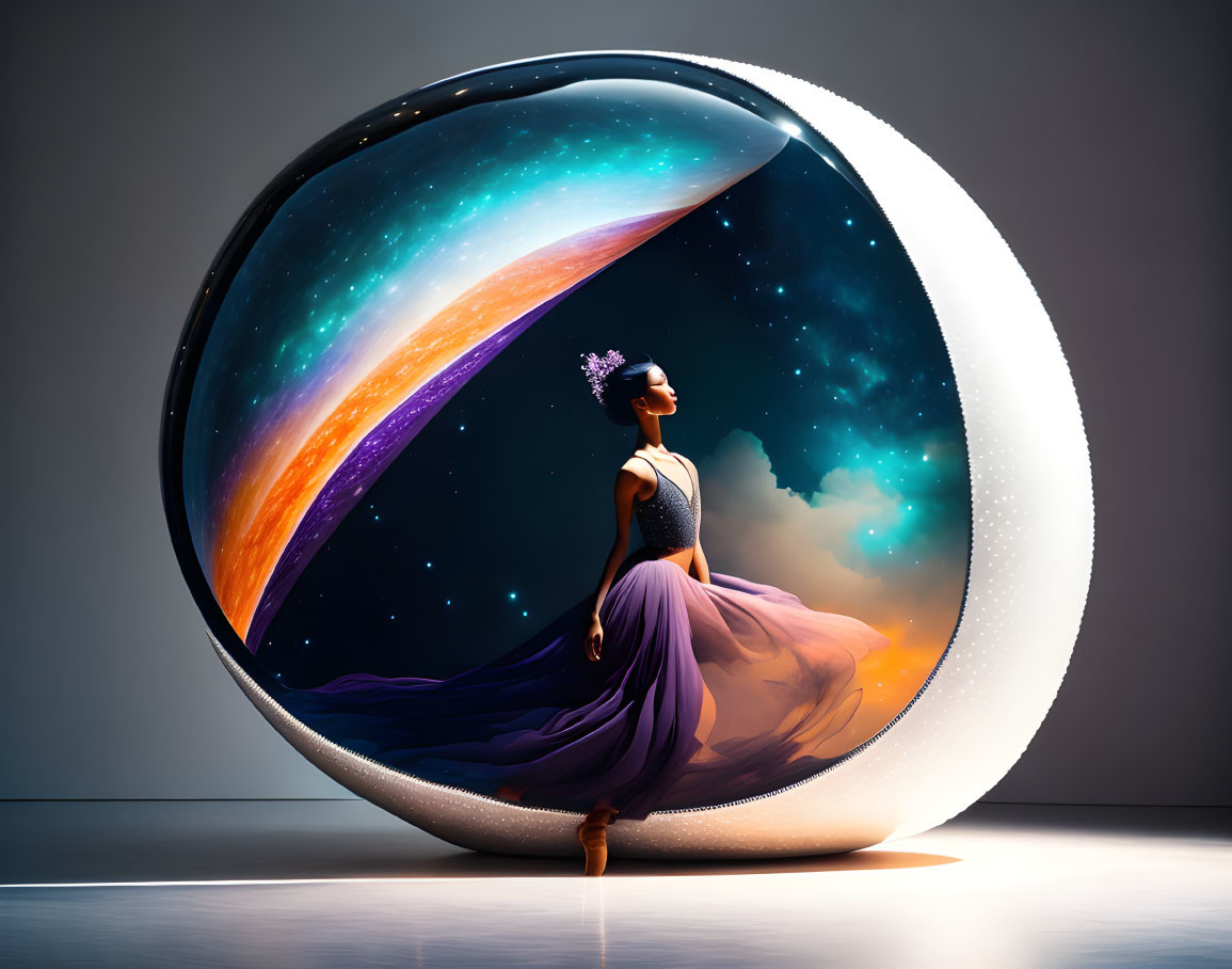 Woman in Purple Dress in Cosmic Spherical Frame Displaying Celestial Scene