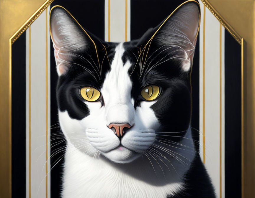 Detailed portrait of black and white cat with yellow eyes framed by golden arch on black and gold background