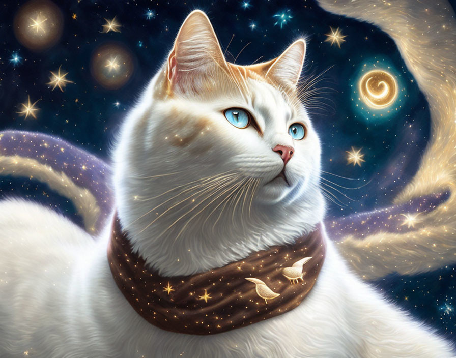 White Cat with Blue Eyes in Cosmic Setting with Star-Patterned Scarf