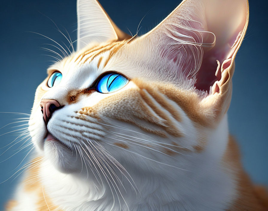 Orange and White Cat with Blue Eyes on Blue Background