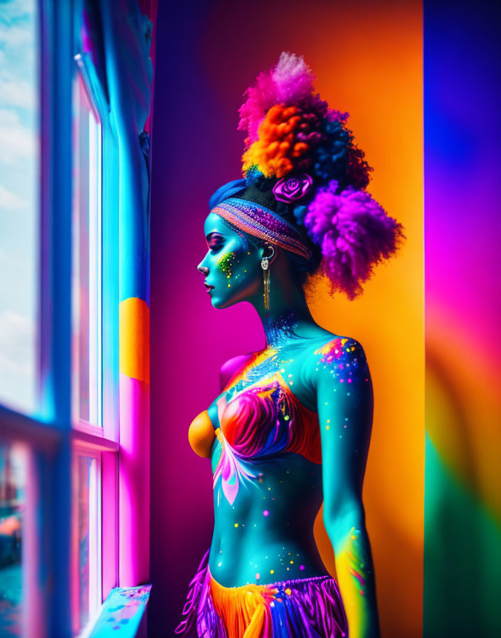 Vibrant body paint woman by window with neon lights