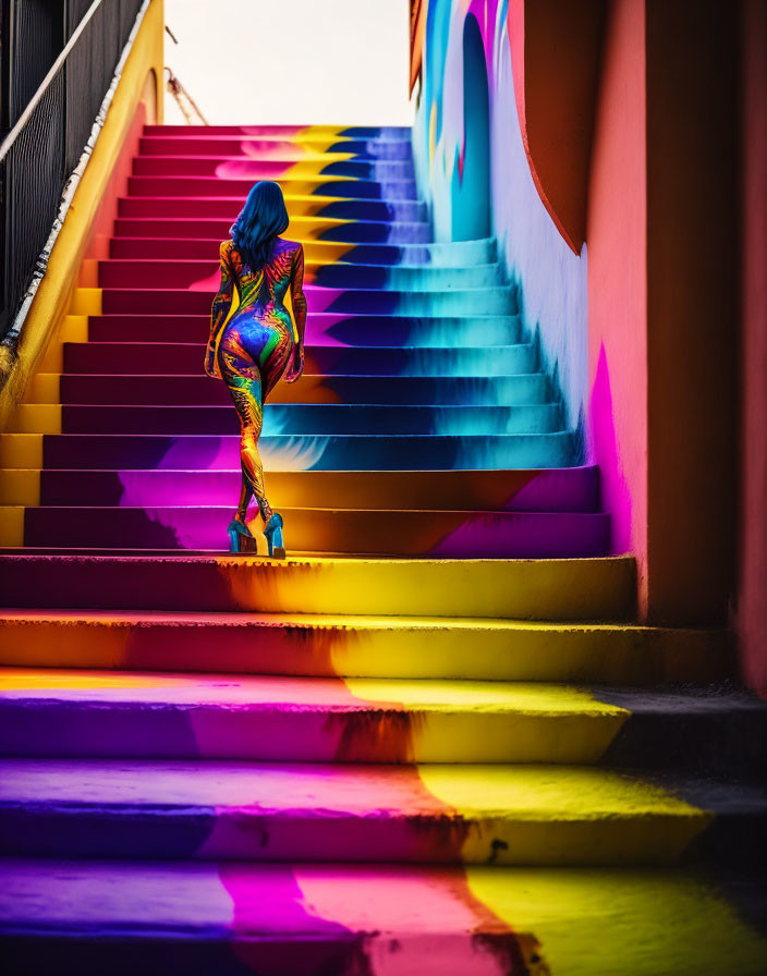 Blue-haired person in colorful bodysuit on rainbow staircase