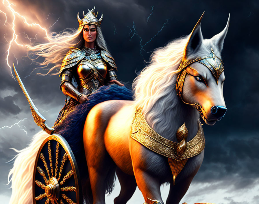 Digital artwork of warrior woman with silver hair in ornate armor holding spear beside giant wolf under stormy