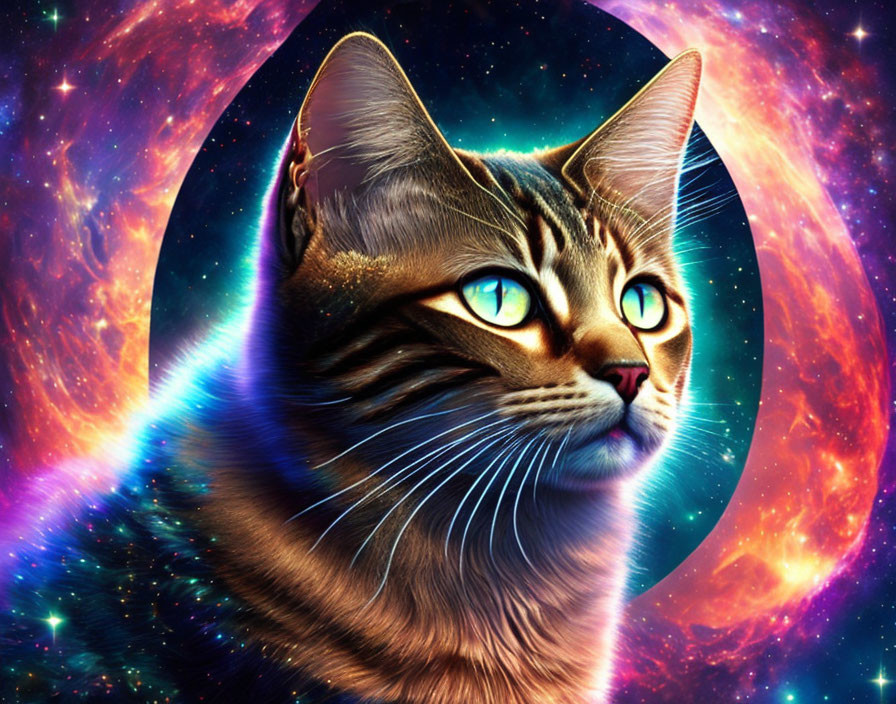 Majestic cat with blue eyes on cosmic background