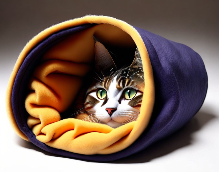 Tabby Cat with Green Eyes in Purple and Yellow Blanket Roll