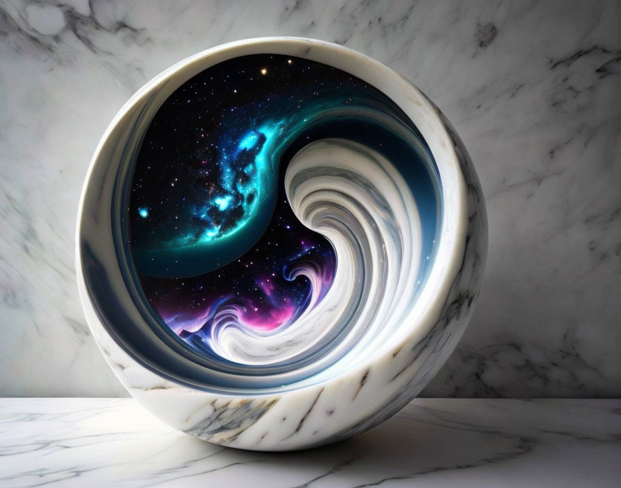 Swirling cosmic galaxy in circular frame on marble surface