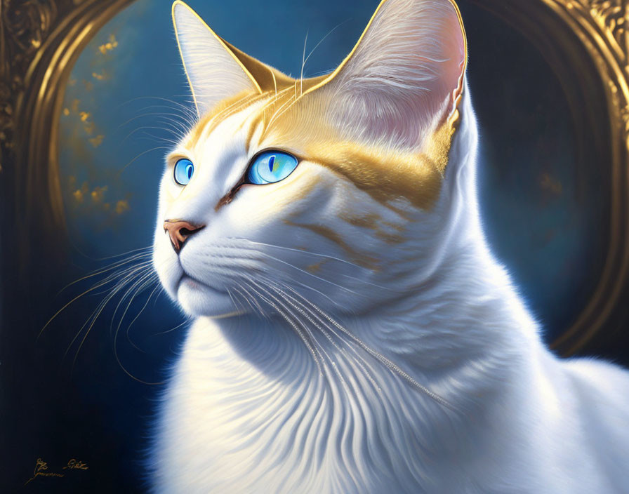 White Cat with Blue Eyes and Golden Accents on Dreamy Blue Background