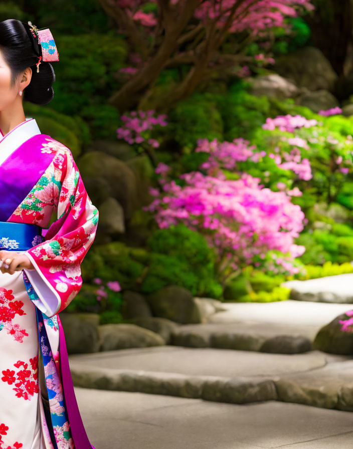 Colorful Kimono Wearer in Lush Garden with Pink Flowers