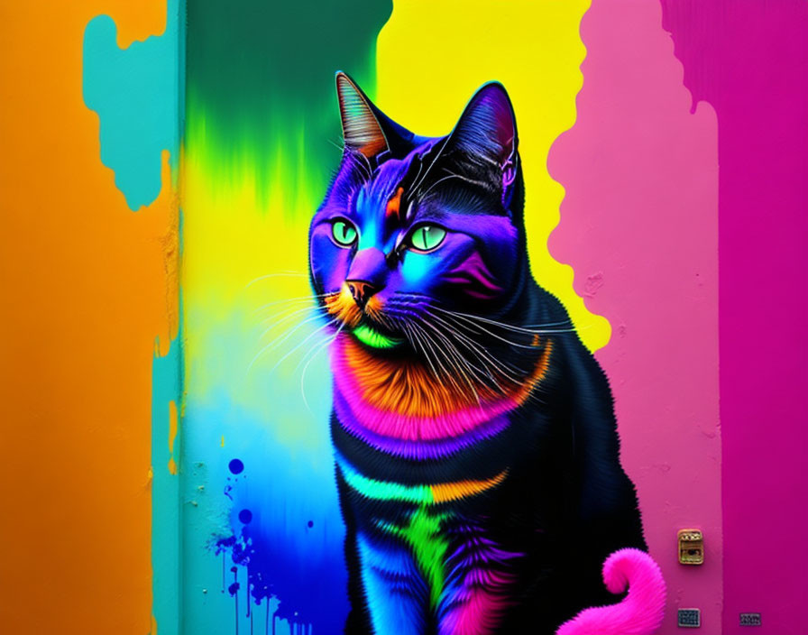 Colorful Cat Art Against Dripping Paint Background