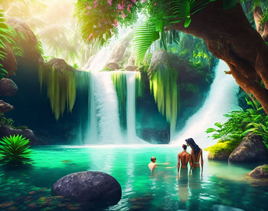 Tranquil jungle waterfall scene with woman and child by pool