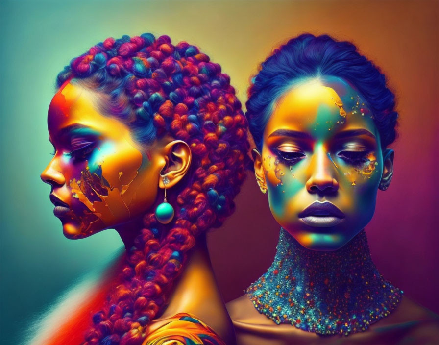 Vibrant body paint and detailed braids with rich colors and golden accents