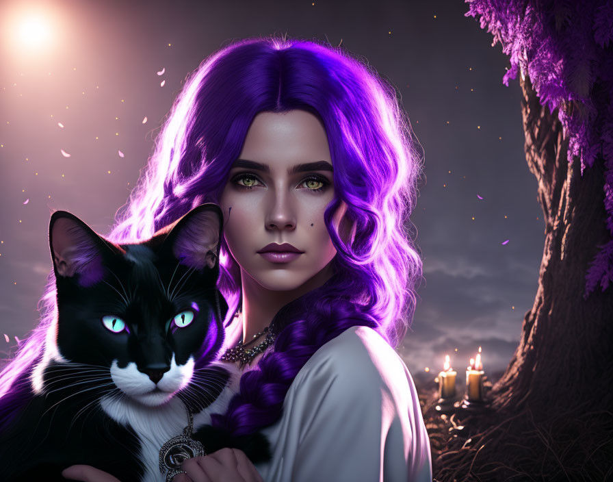 Woman with Purple Hair Holding Cat in Twilight Scene