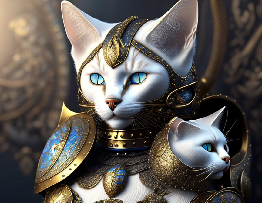 Digital Artwork: Armored Cats with Golden Embellishments