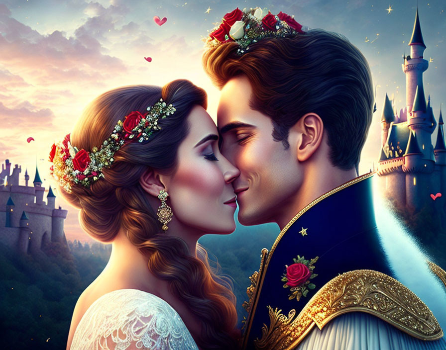 Animated couple in royal attire kissing with castle and floating hearts at dusk