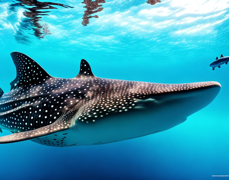 Spotted whale shark swimming in clear blue water