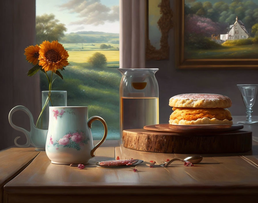 Sunflower Still Life with Floral Jug, Scones, Carafe, Jam Spoon, and Landscape