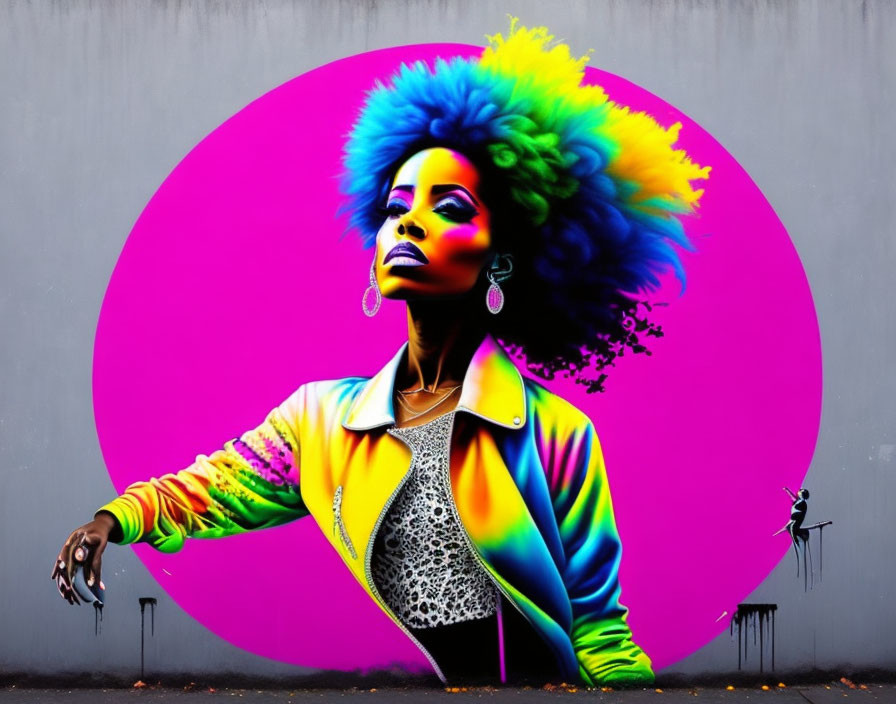 Colorful Afro Woman Mural on Grey Wall