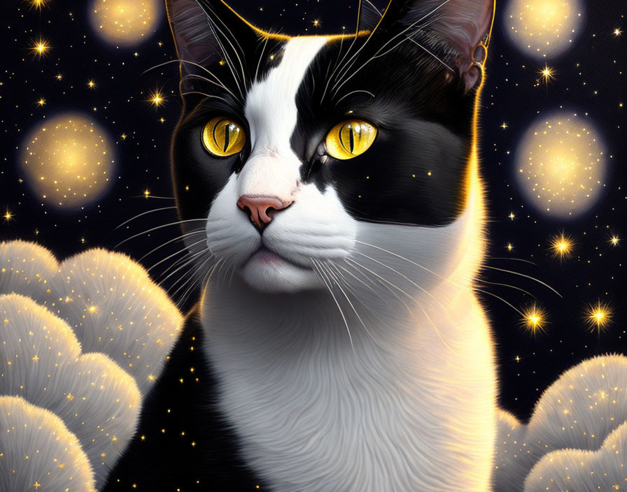 Monochrome cat with yellow eyes in starry night digital art