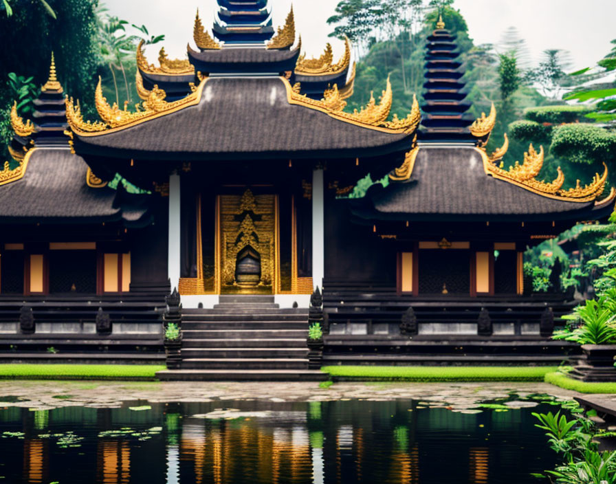 Traditional Asian Temple with Golden Accents Reflected on Tranquil Water