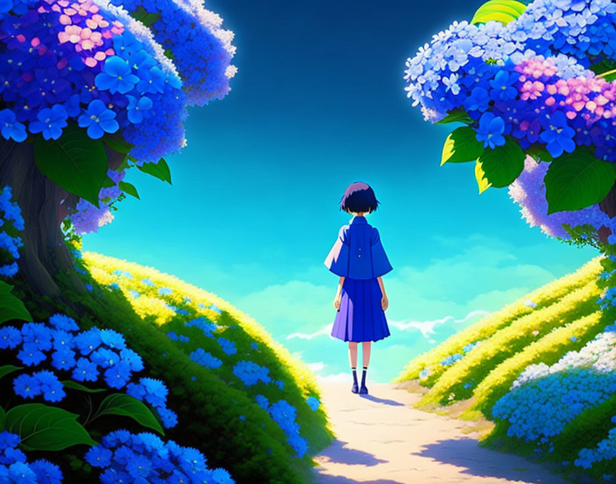 Short-Haired Character Surrounded by Vibrant Hydrangeas and Greenery