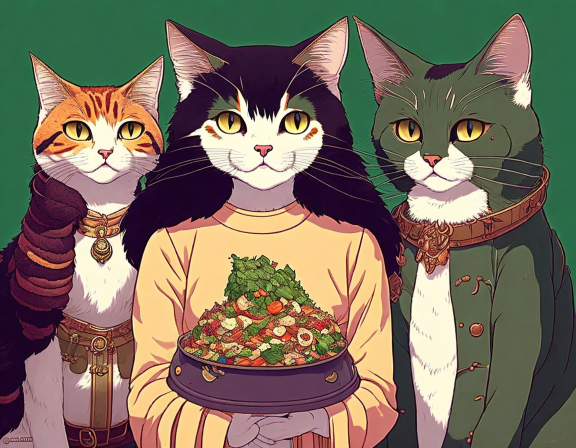 Anthropomorphic cats in regal attire with salad bowl on green background