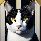 Detailed portrait of black and white cat with yellow eyes framed by golden arch on black and gold background