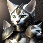 Digital Artwork: Armored Cats with Golden Embellishments