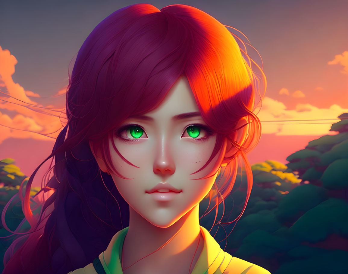 Vibrant green-eyed girl with magenta hair in sunset backdrop