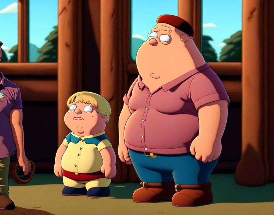 Animated characters in yellow and pink shirts standing outdoors with trees.