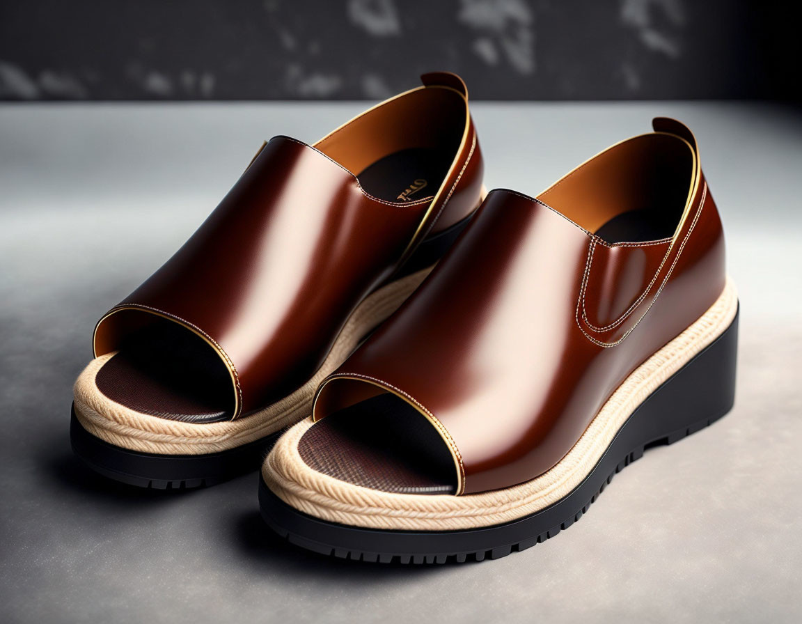 Brown Leather Espadrilles with Platform Sole on Dark Textured Background