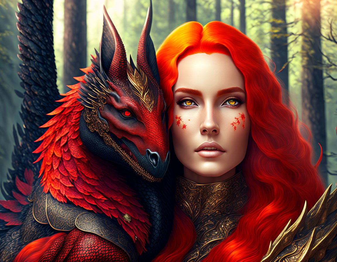 Fiery red-haired woman with matching eyes and dragon in forest landscape