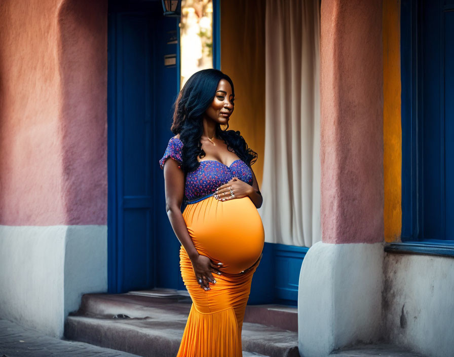 Pregnant woman in orange dress by blue door against pastel wall